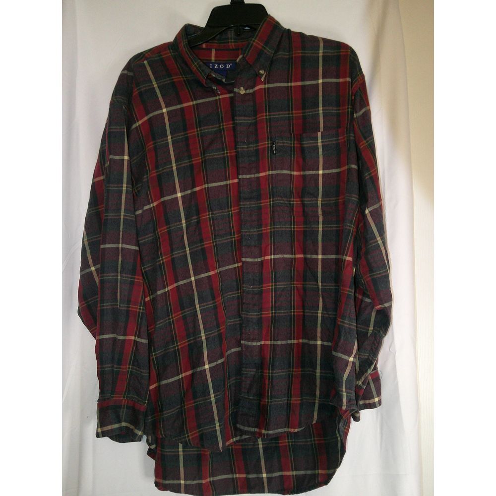 IZOD Classic Plaid Button-Down Shirt Long Sleeve Cotton Casual Red Green Large